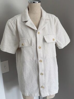 H&M Men’s S White Solid Woven Collared Button-Up Short Sleeve Shirt